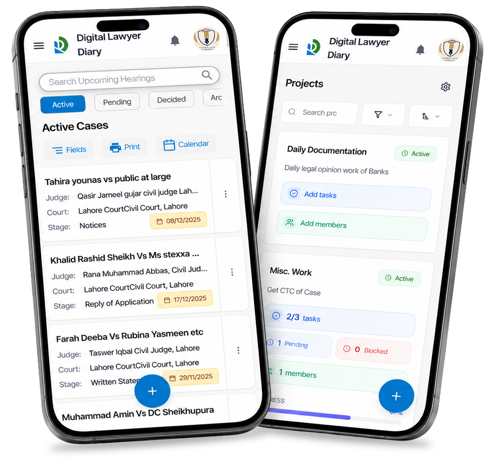 The Digital Lawyer Diary app on two phones: an active cases list and a project board